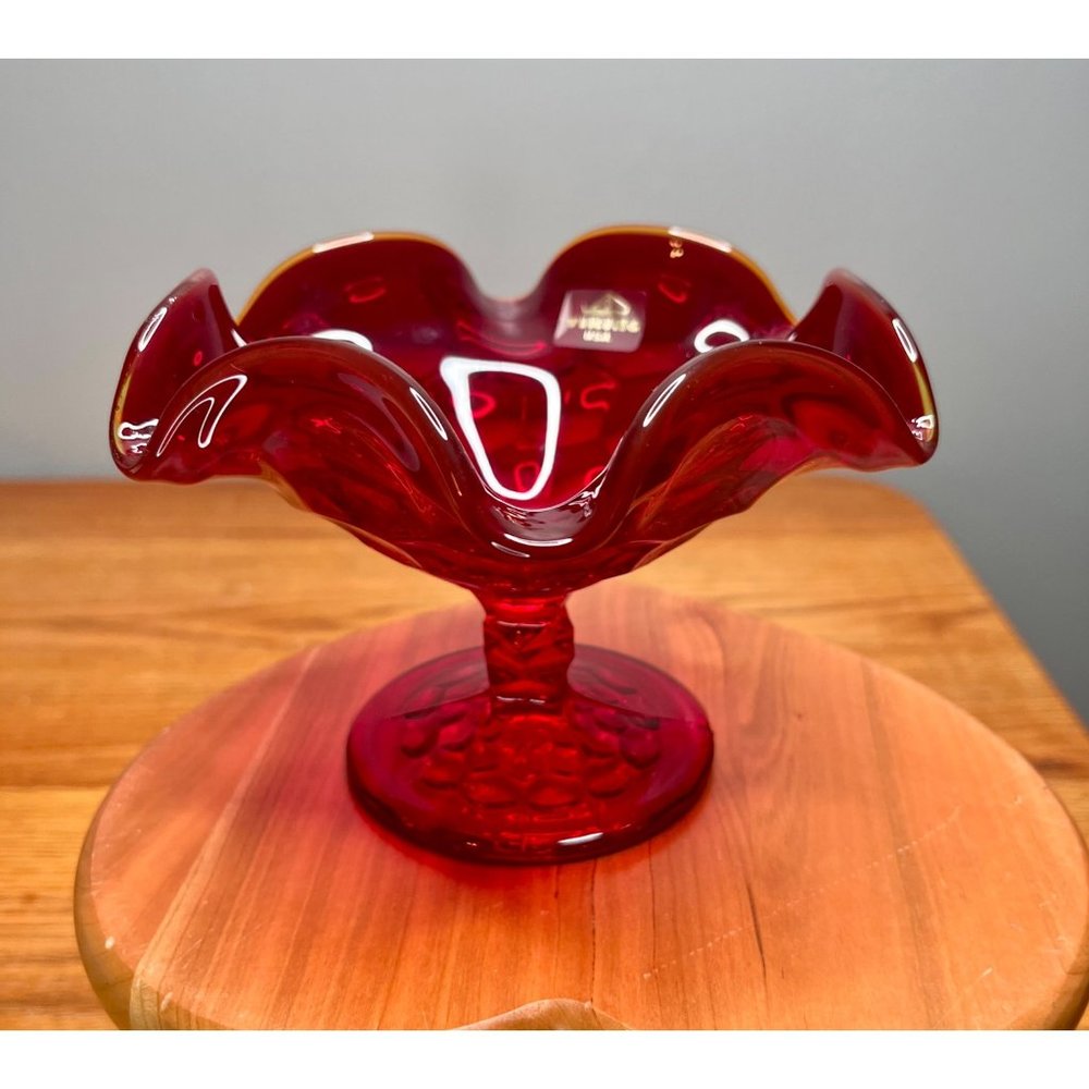 Vintage Viking Ruby Red Georgian Honey Comb 6.5" Ruffled Footed Bowl/Compote, Sh